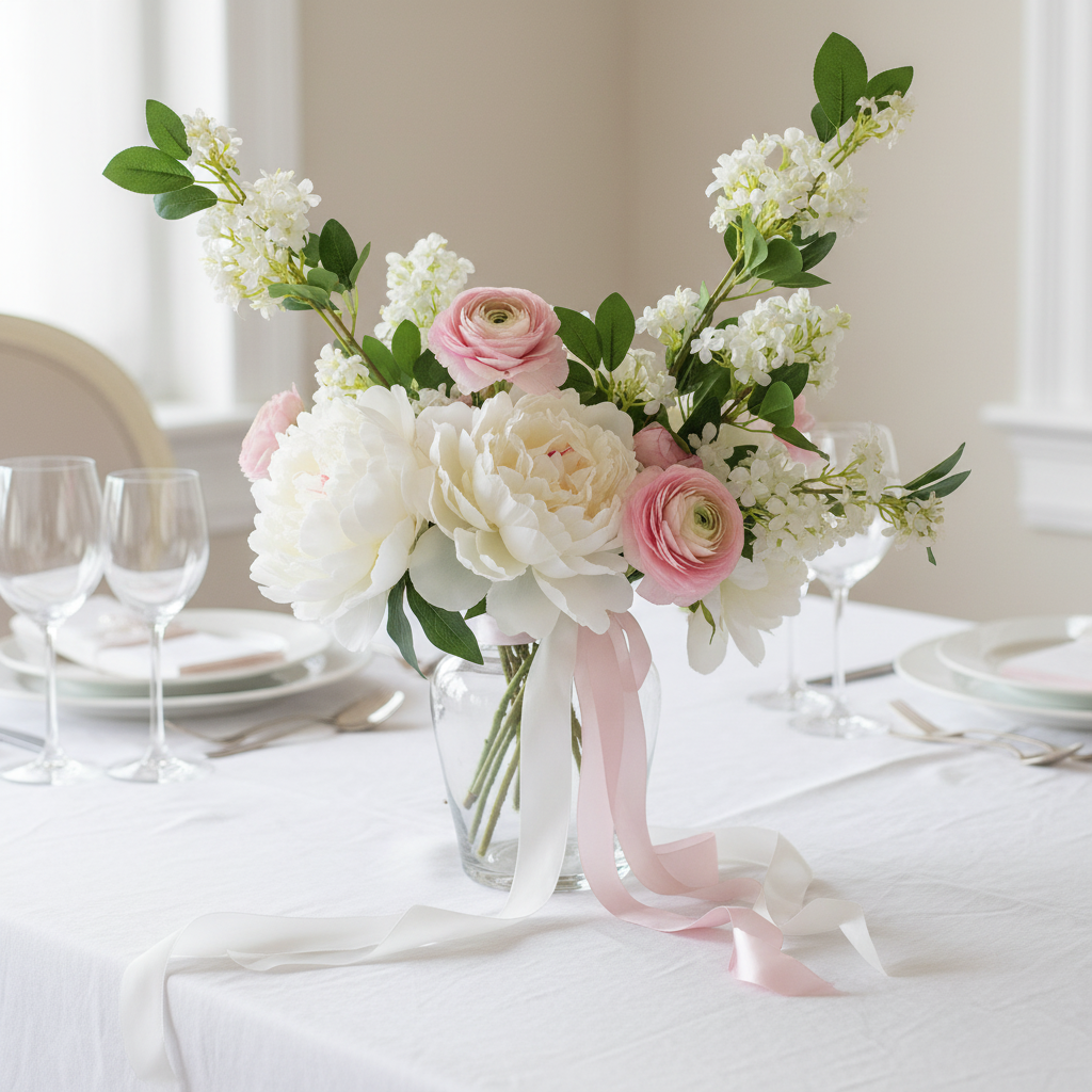 Artificial white blossom stem styled in a bridal shower table setting with white peonies, pink ranunculus, and ribbon accents