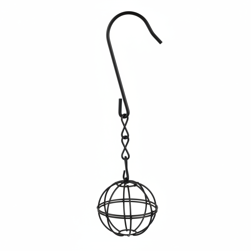 Close-up detail of miniature black metal wire sphere planter showing geometric wire construction and chain