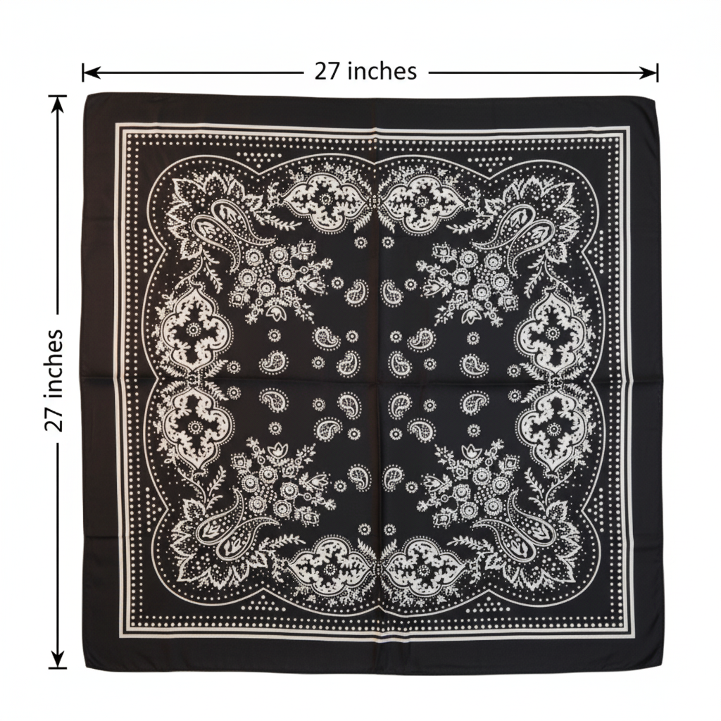 Measurement diagram showing 27x27 inch black paisley square scarf dimensions