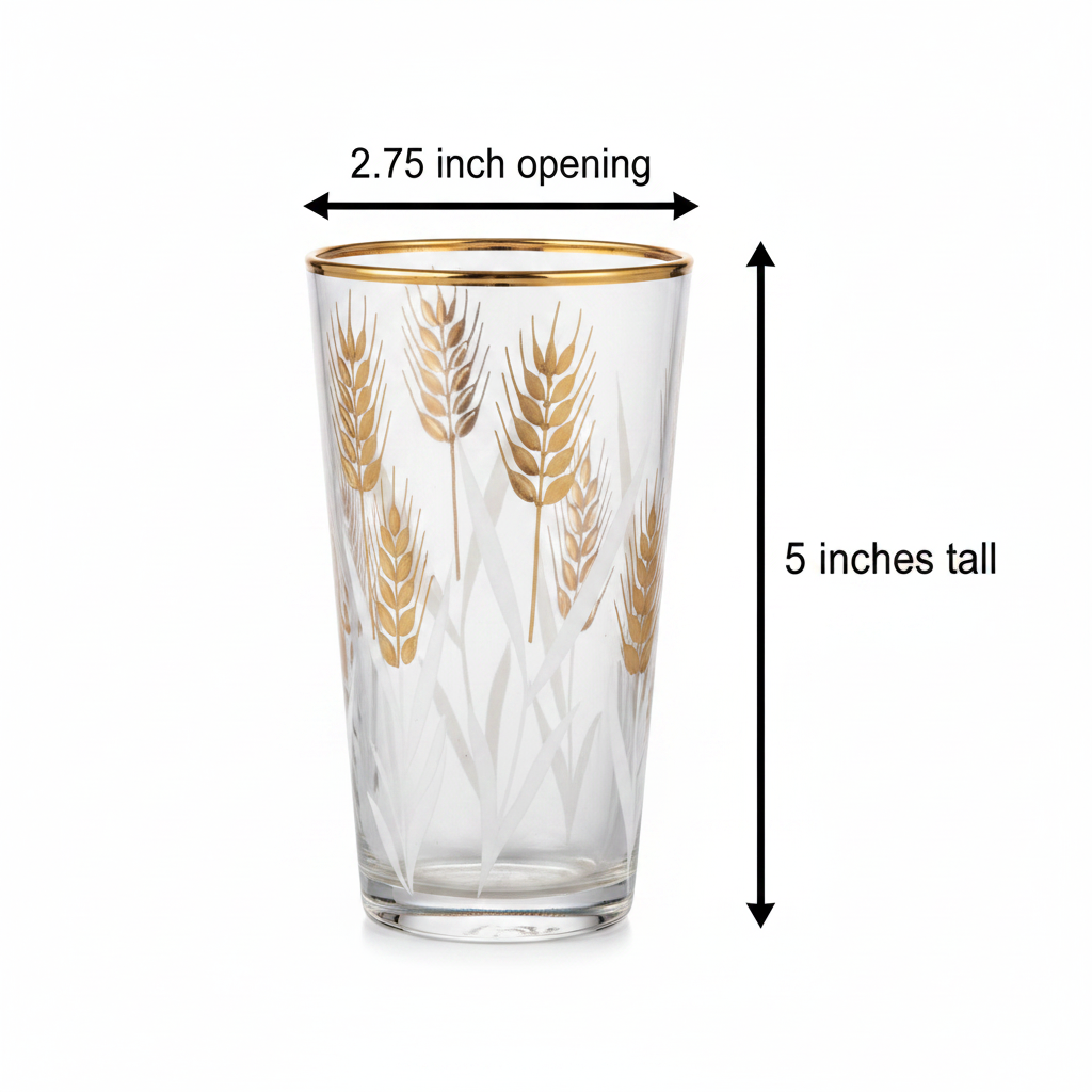 Vintage wheat pattern gold rim tumbler size reference showing 5 inch height and 2.75 inch opening