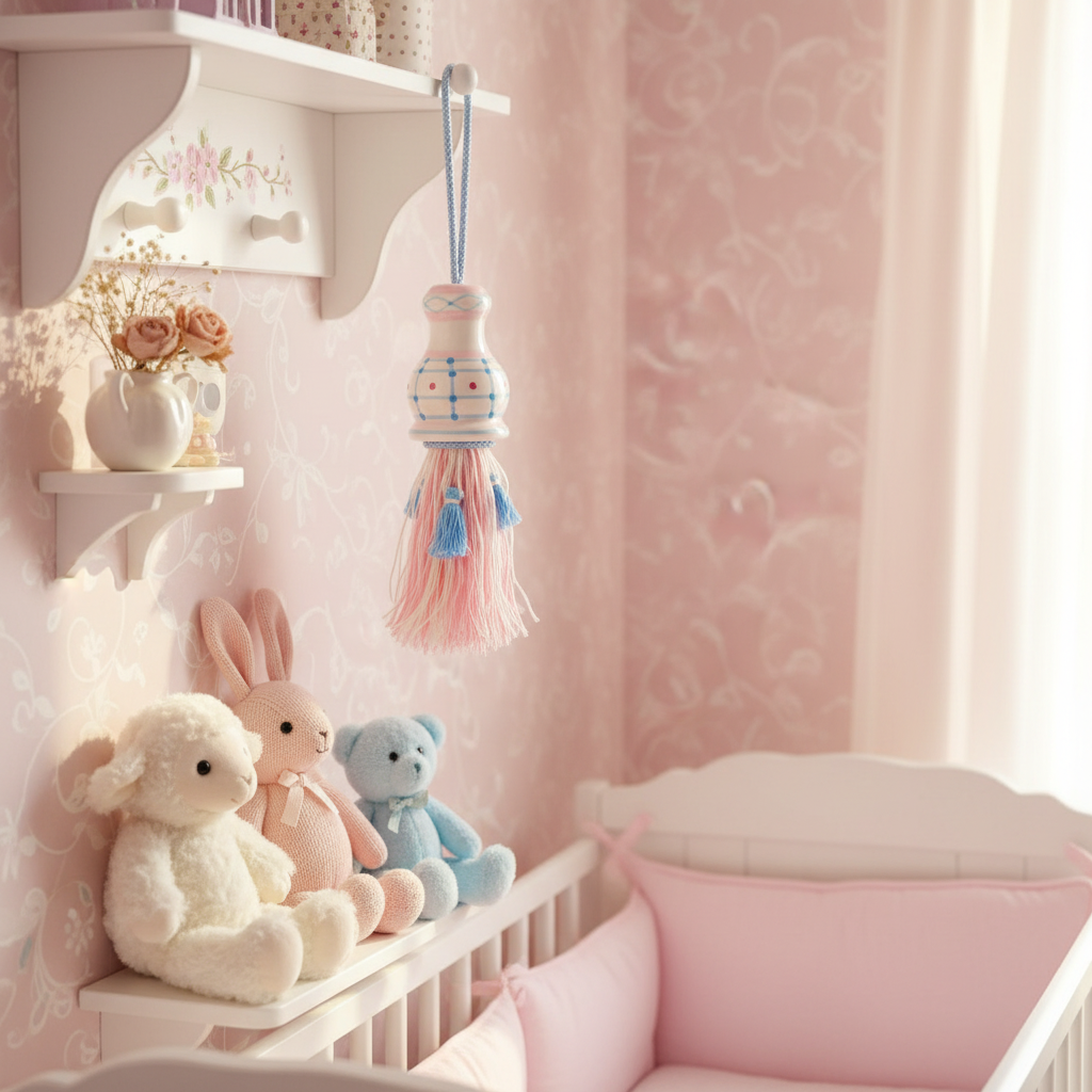 Vintage Ganz Bella Casa pink and blue tassel ornament hanging in pastel nursery room with soft cottage decor