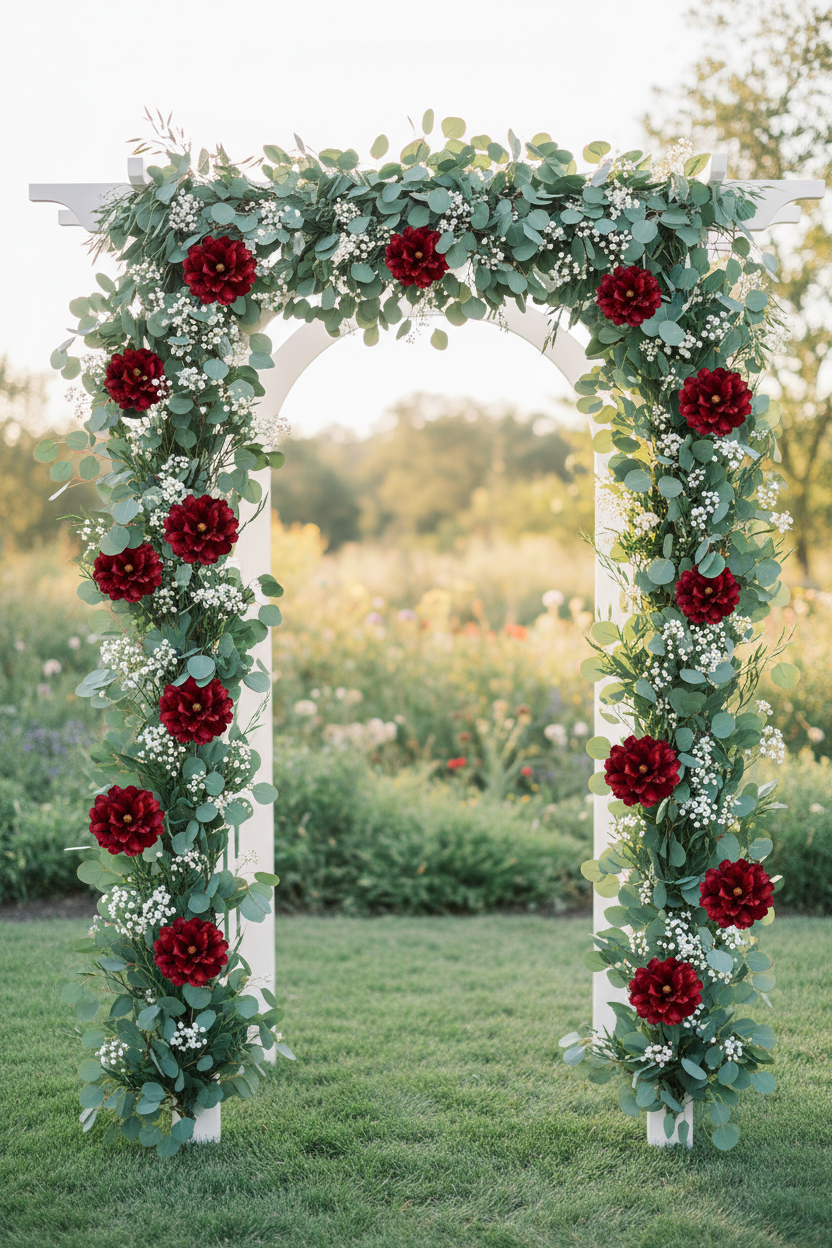 Burgundy red peony flower picks decorating a white wooden wedding arch with greenery and eucalyptus, romantic outdoor garden wedding setting