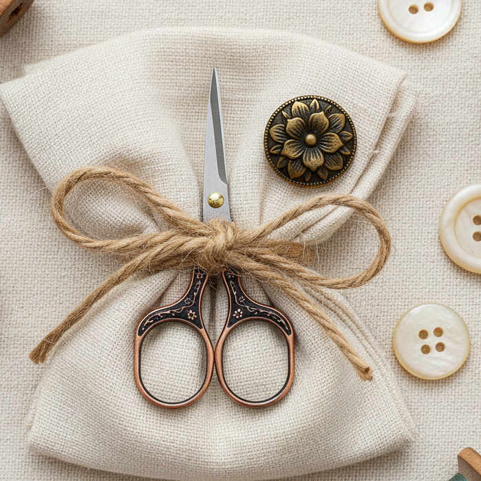Gift presentation of small ornate thread snips with ribbon and vintage sewing notions