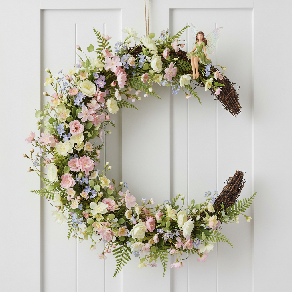 Crescent moon wreath with spring flowers and fairy on white farmhouse front door