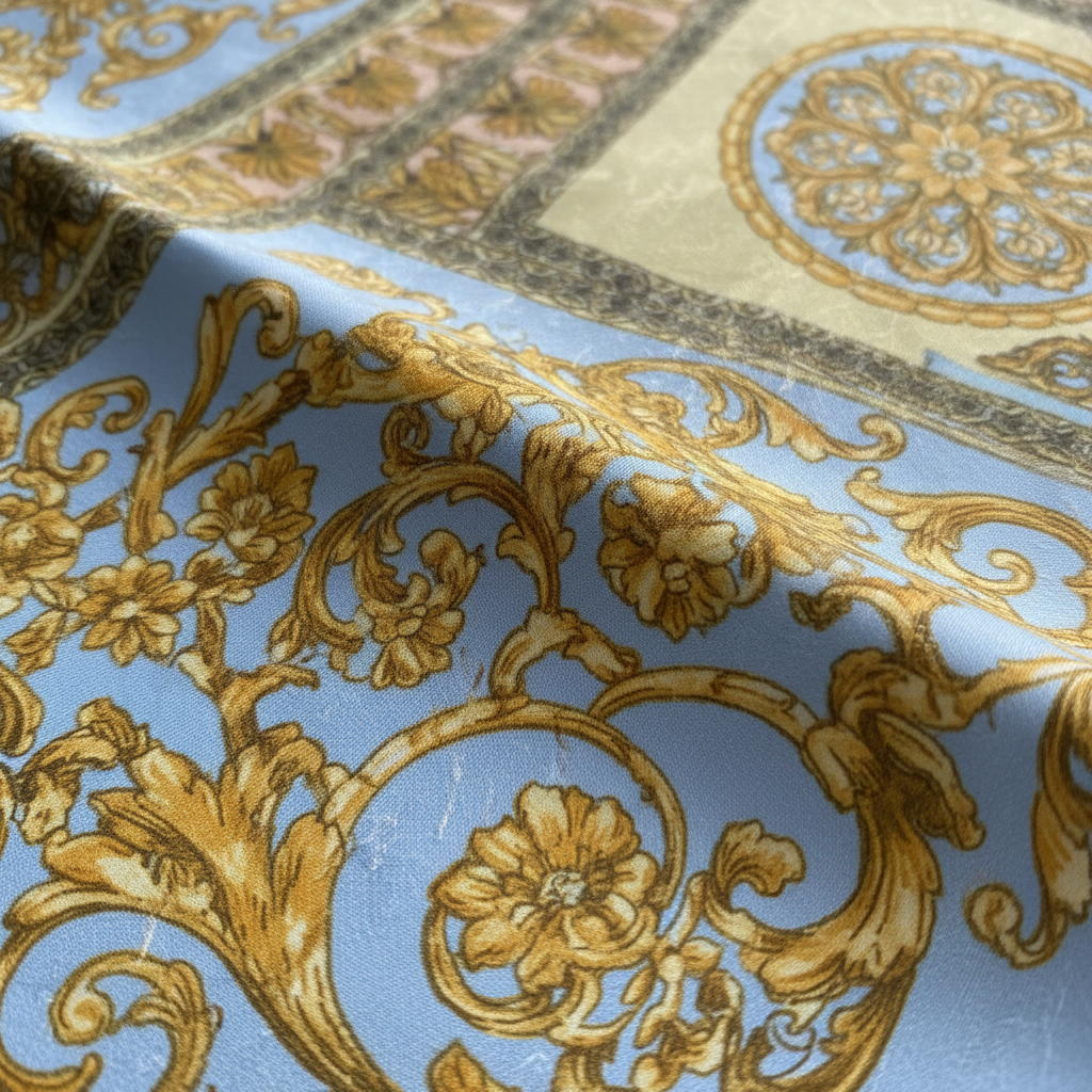 Close-up detail of baroque scarf fabric showing gold scrolling floral pattern satin texture