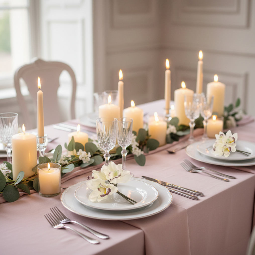 Romantic wedding tablescape with ivory Cymbidium orchid corsages on blush linen with champagne candles and elegant place settings