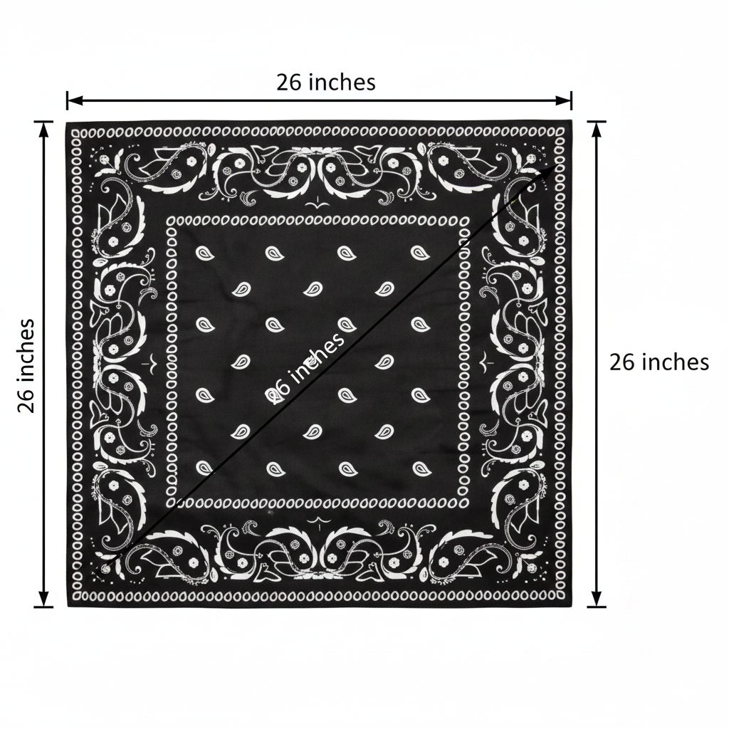 Black white paisley wild rag scarf measurement diagram showing 26x26 inch square dimensions on white background