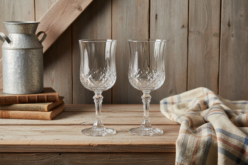 Vintage Cristal D'Arques Longchamp crystal wine goblets set of 2 styled in farmhouse vignette with galvanized milk jug and barn wood backdrop