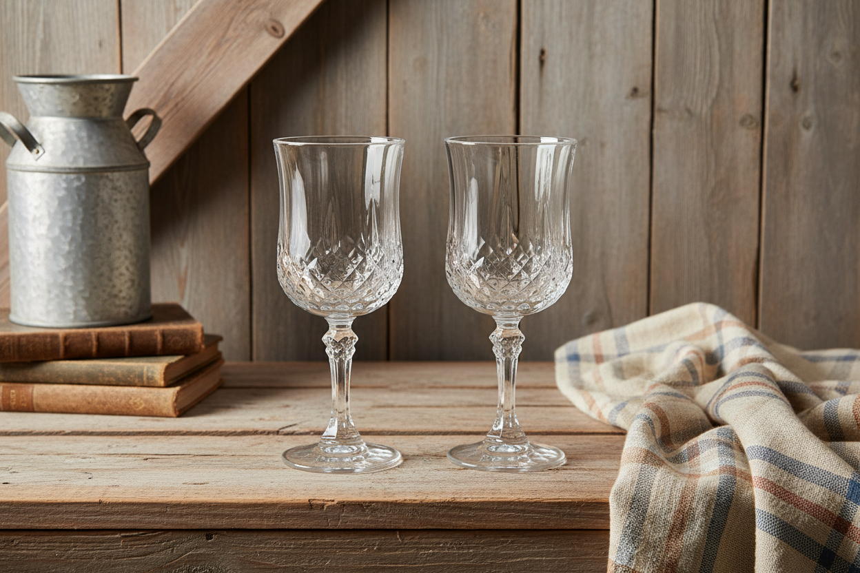 Vintage Cristal D'Arques Longchamp crystal wine goblets set of 2 styled in farmhouse vignette with galvanized milk jug and barn wood backdrop