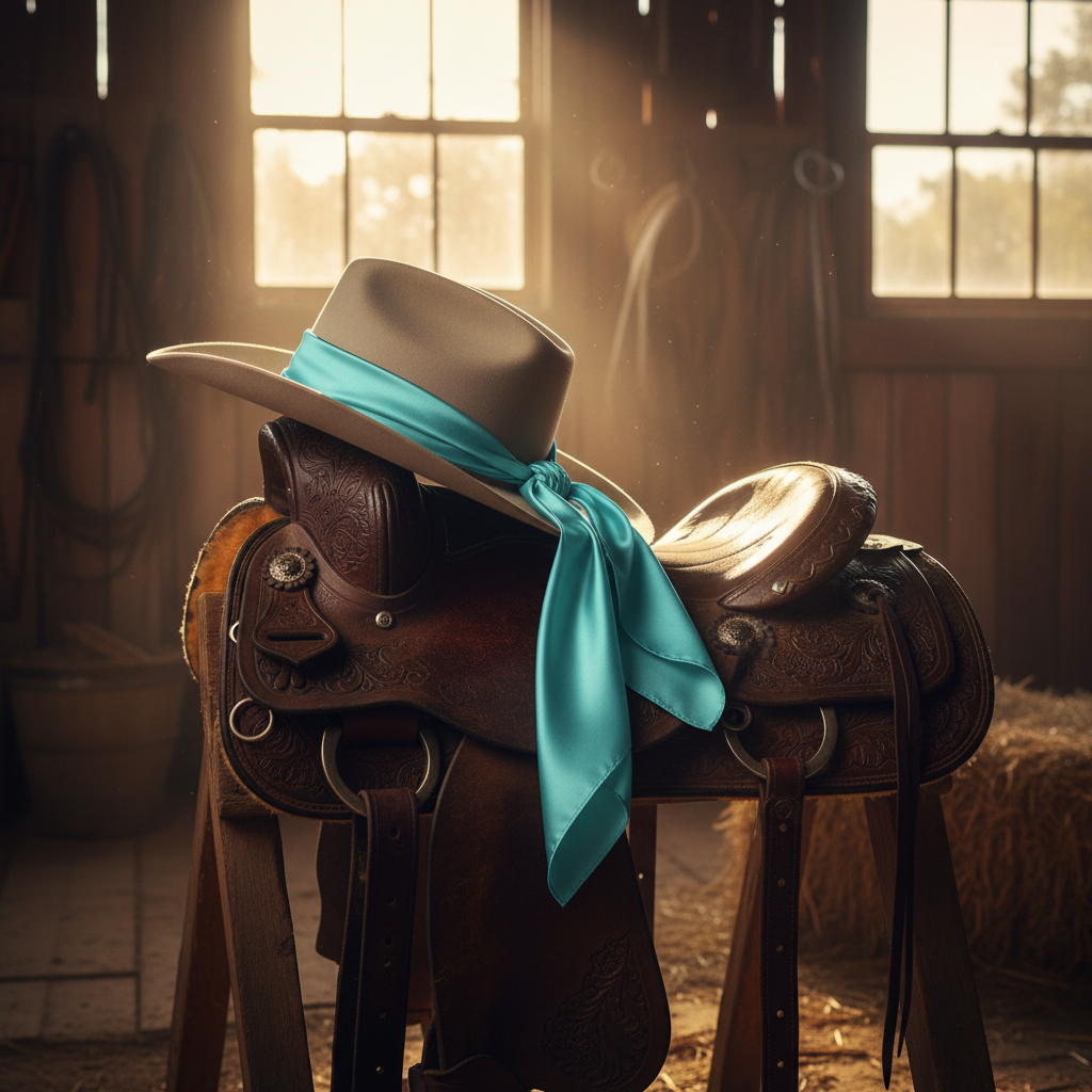 Turquoise bandana scarf tied around cowgirl hat on vintage Western saddle