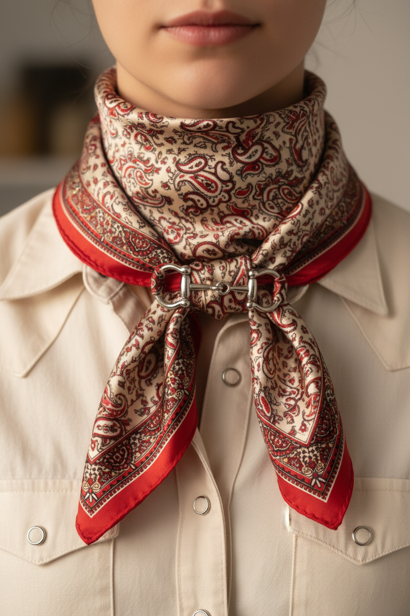 Woman wearing red paisley satin square scarf at neck with silver horse bit slide cream western shirt close up chest shot warm natural light 20x20