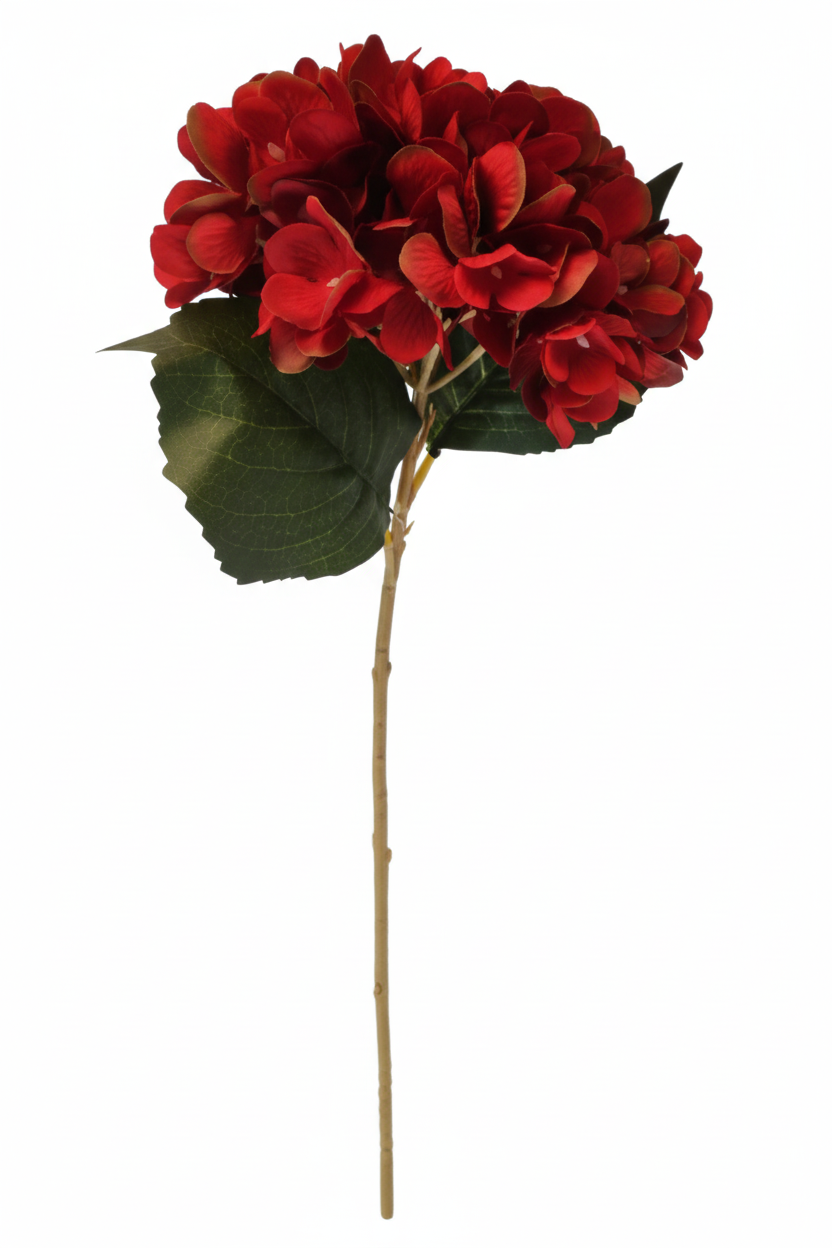 Deep red artificial hydrangea stem silk flower on white background, full stem view for fall wedding and romantic home decor