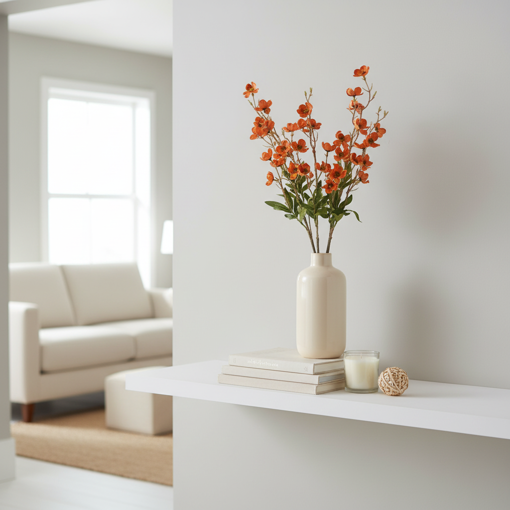 Artificial terracotta coral dogwood stems in cream ceramic vase on modern neutral living room shelf with books and candle