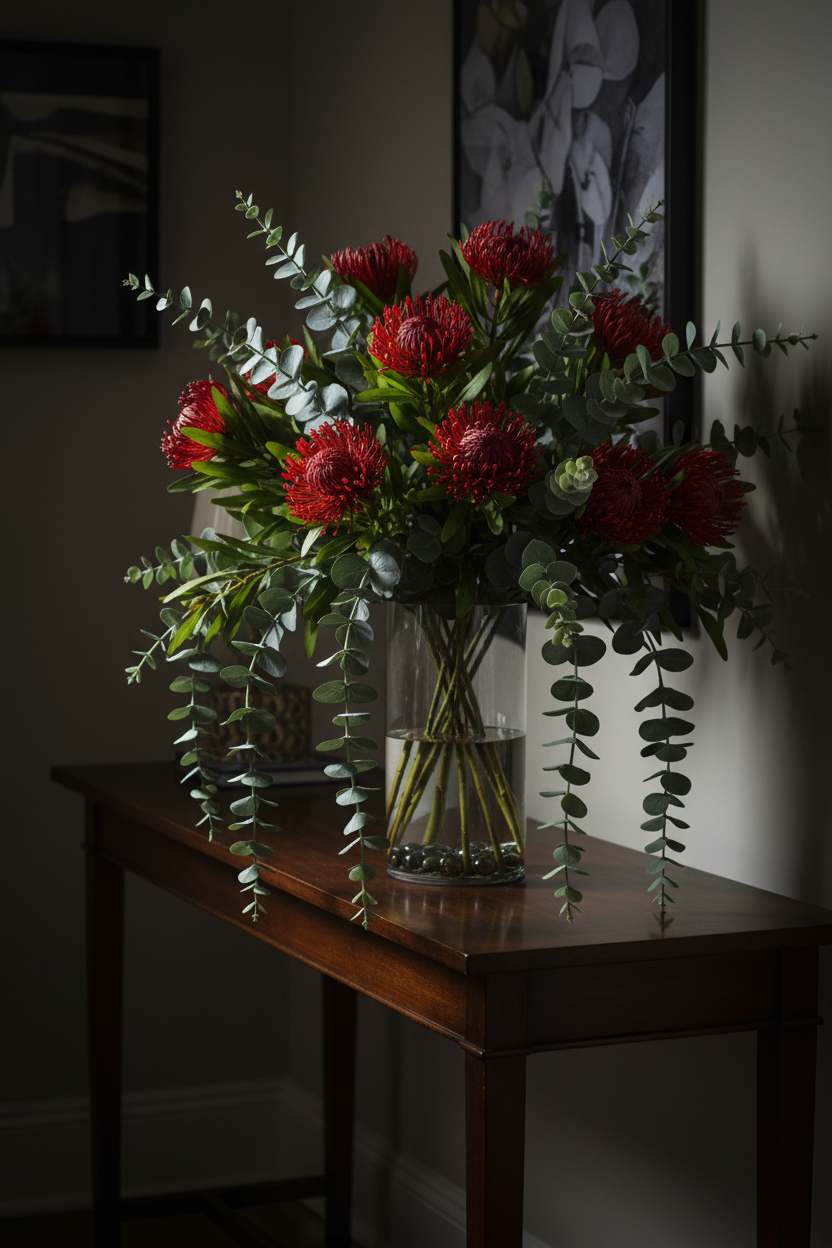 Red protea stems with eucalyptus in tall clear glass vase on dark wood console, dramatic tropical arrangement