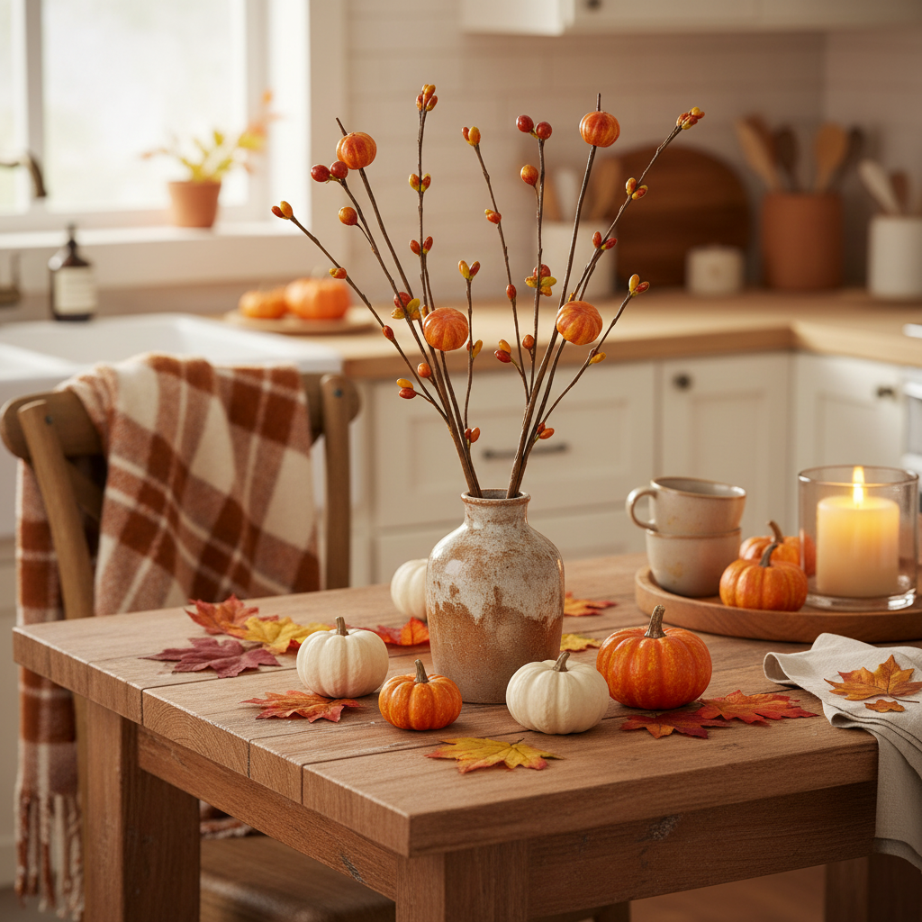 Two faux pumpkin and berry stems styled in rustic ceramic vase on farmhouse kitchen table with autumn fall decor