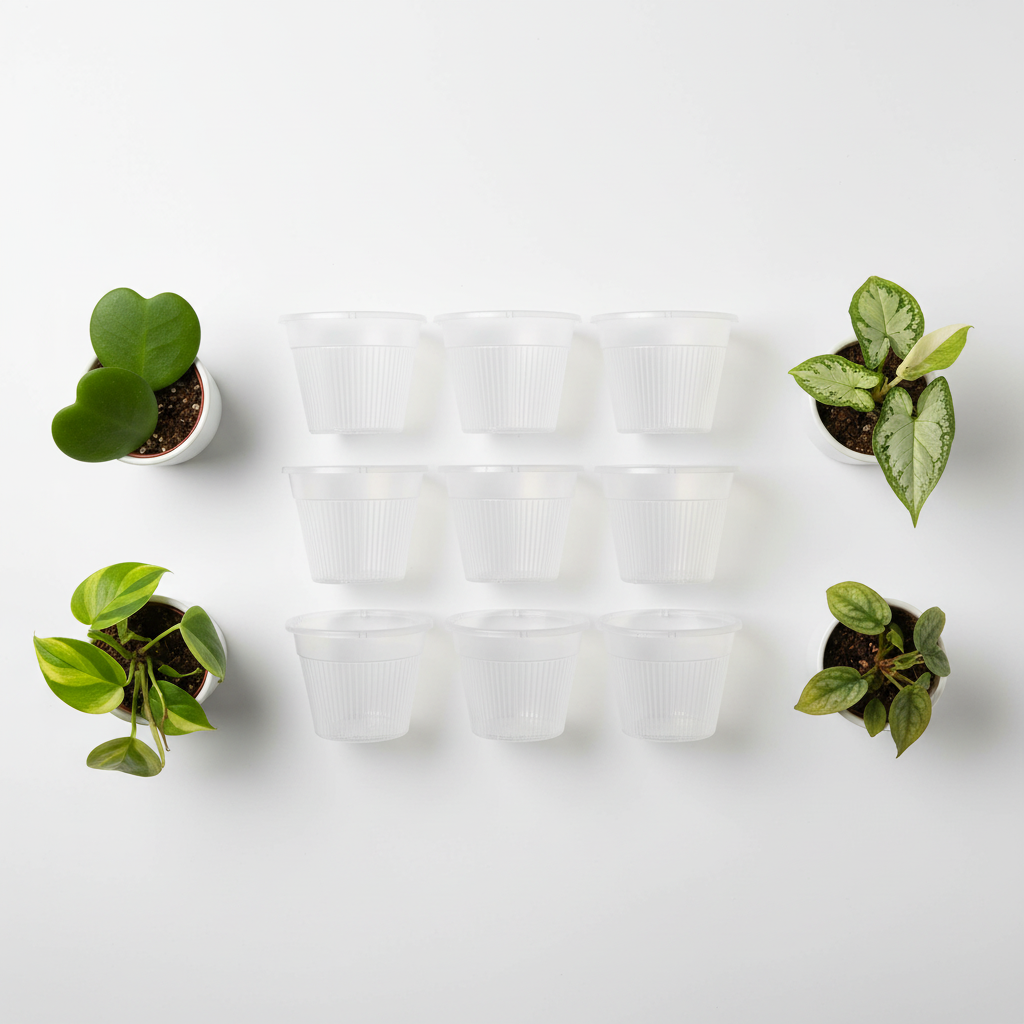 Flat lay of clear orchid pots with tropical plants hoyas and philodendrons