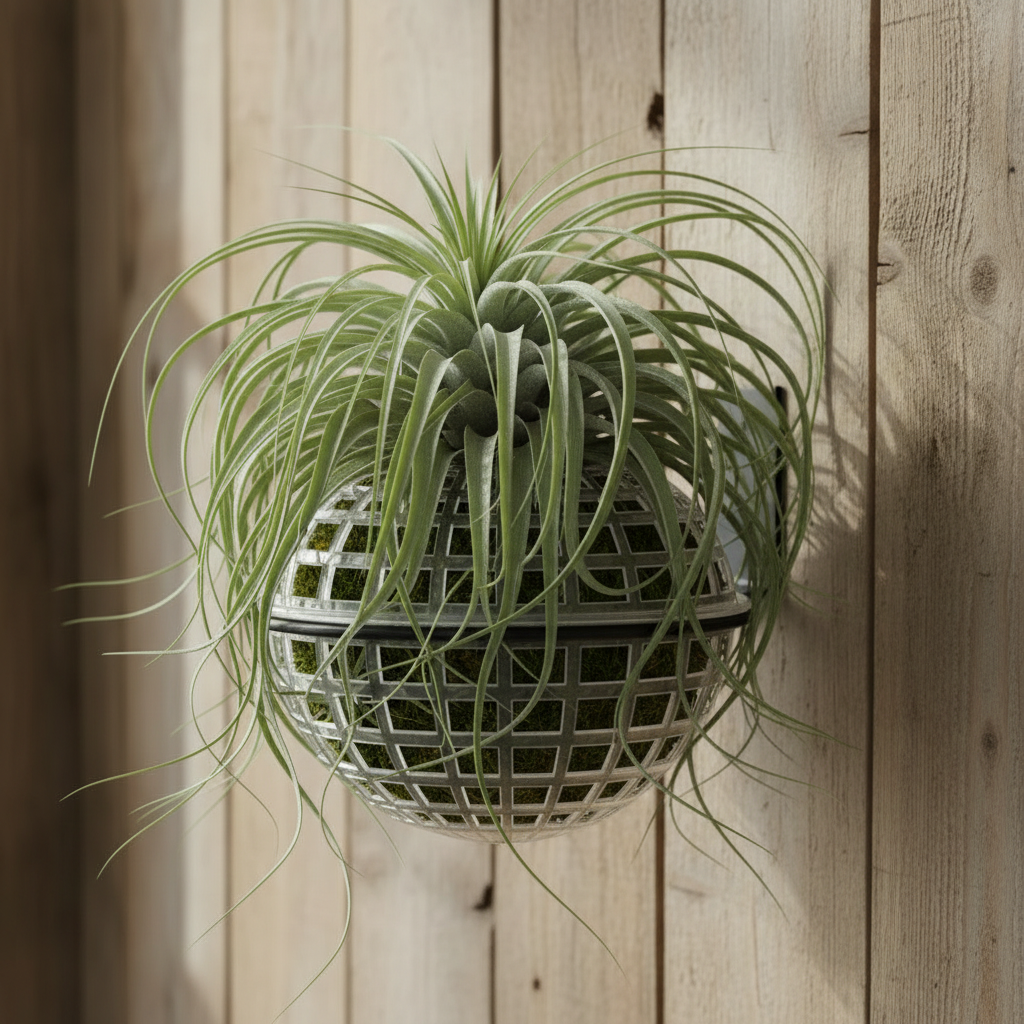 Clear plastic sphere basket in black metal ring wall hanger with air plant and moss