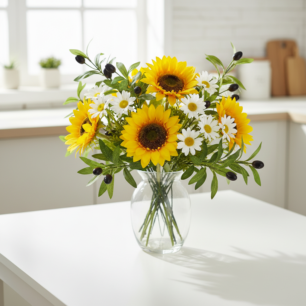 Artificial olive branch stems with dark berries arranged with yellow sunflowers and white daisies in glass vase on white kitchen table