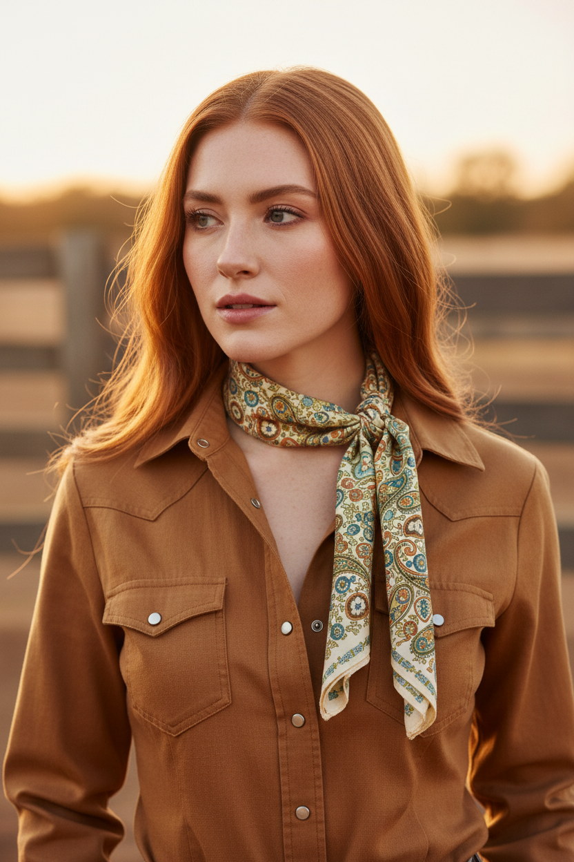 Paisley floral satin scarf in cream ivory green teal blue and rust orange worn as western neck scarf wrapped once with two ends tied in small knot on woman with long red hair in pearl snap western shirt outdoors at golden hour