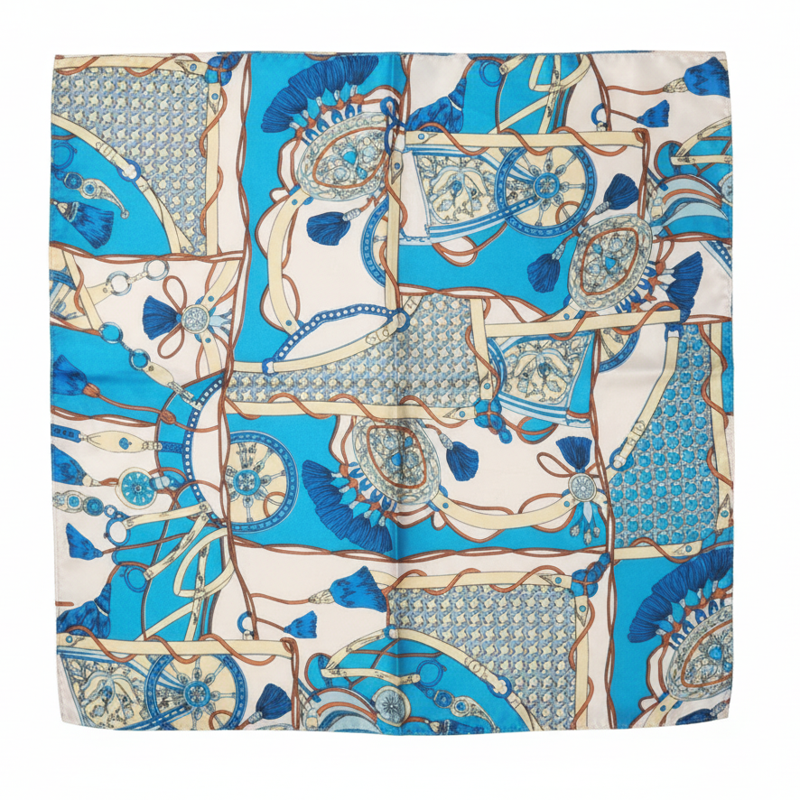 Turquoise Blue Equestrian Satin Scarf 20x20 Patchwork Square Scarf with Saddle and Tack Motifs on White Background
