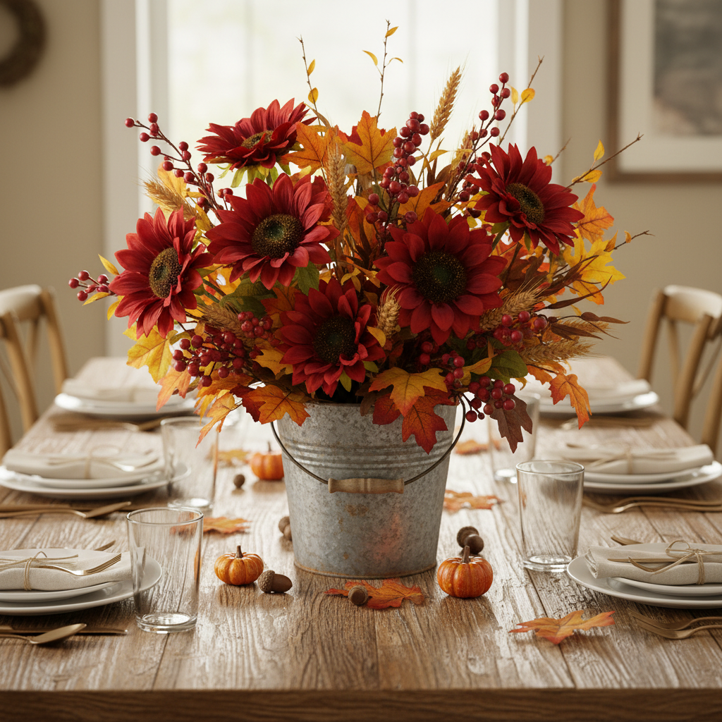 Fall centerpiece with burgundy sunflowers mixed with autumn leaves and berries in galvanized bucket, harvest table setting