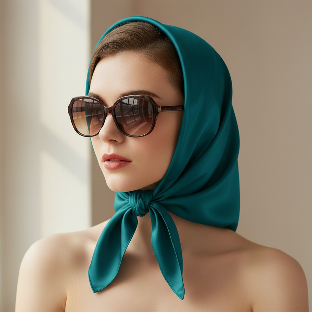 Woman wearing teal satin wild rag scarf as a vintage glamour head scarf with sunglasses – 35x35 inch square scarf
