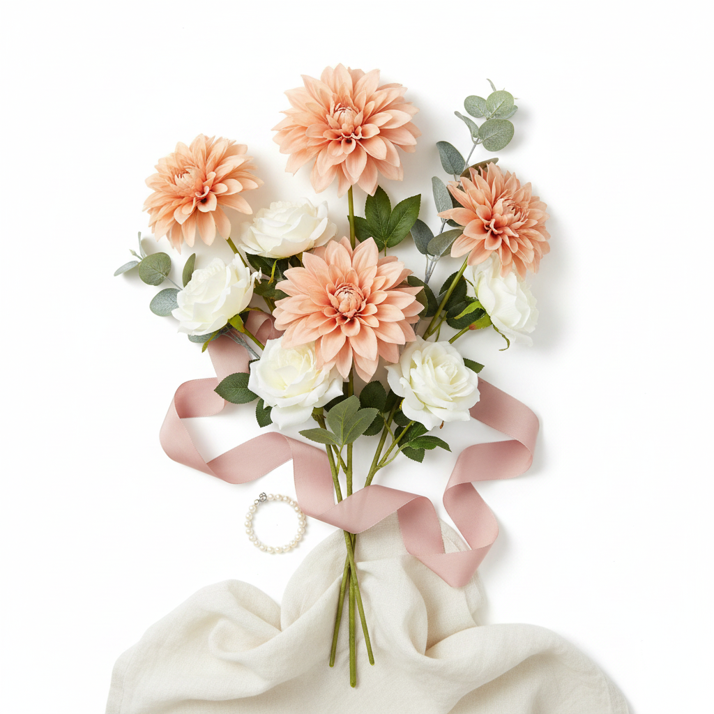 Flat lay of soft peach dahlia faux flower stems with white roses, eucalyptus, blush ribbon and pearls on white background