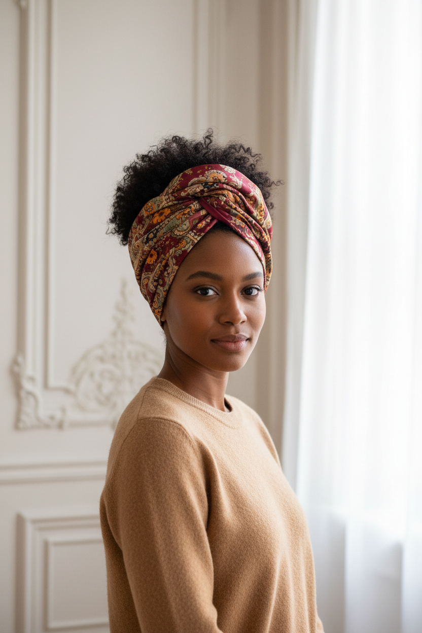 Woman with deep brown skin and natural curls wearing burgundy paisley satin scarf as French country turban head scarf with camel sweater and ornate paneling