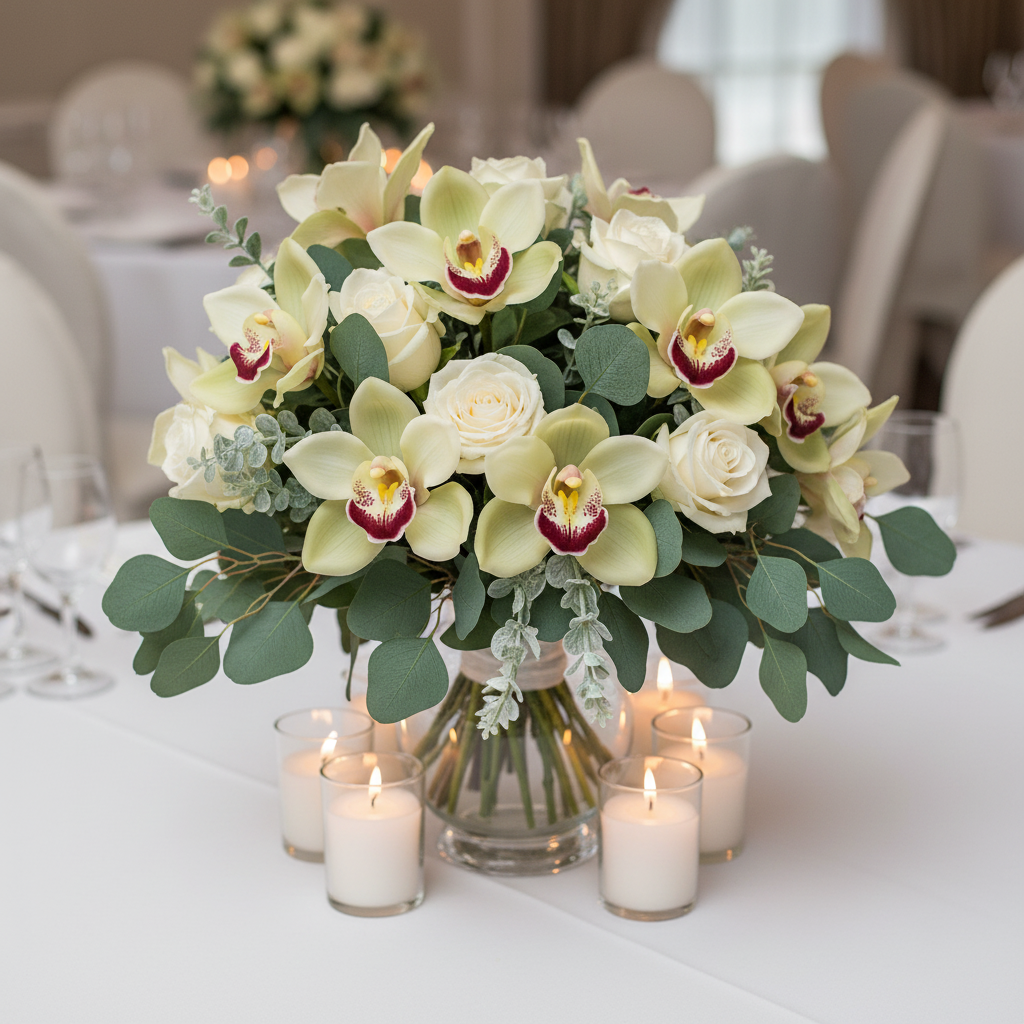 Artificial cream and pale green Cymbidium orchid bouquet with burgundy centers styled as a wedding centerpiece with white roses and eucalyptus on a white linen table