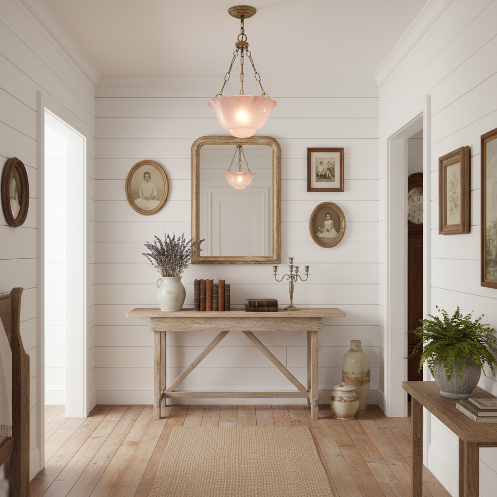 Art Deco pink swirl glass ceiling fixture hanging in vintage farmhouse hallway with shiplap walls and rustic decor