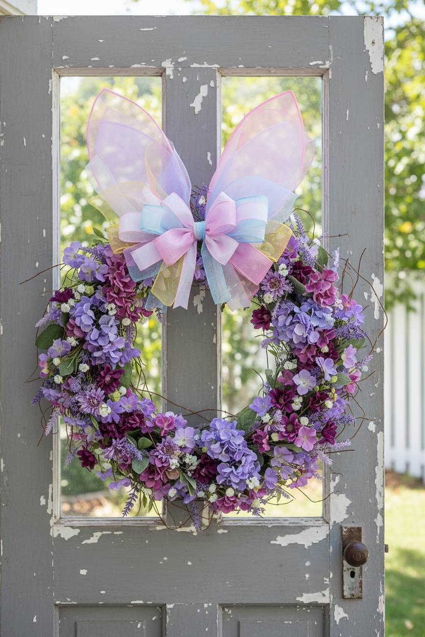 Bunny wreath form with fabric ears decorated with lavender and purple spring flowers on vintage gray farmhouse door