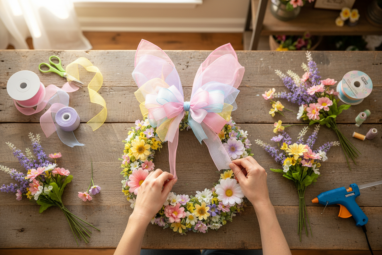 Hands wrapping pastel ribbon around fabric-covered bunny ears on Easter wire wreath frame at farmhouse craft table