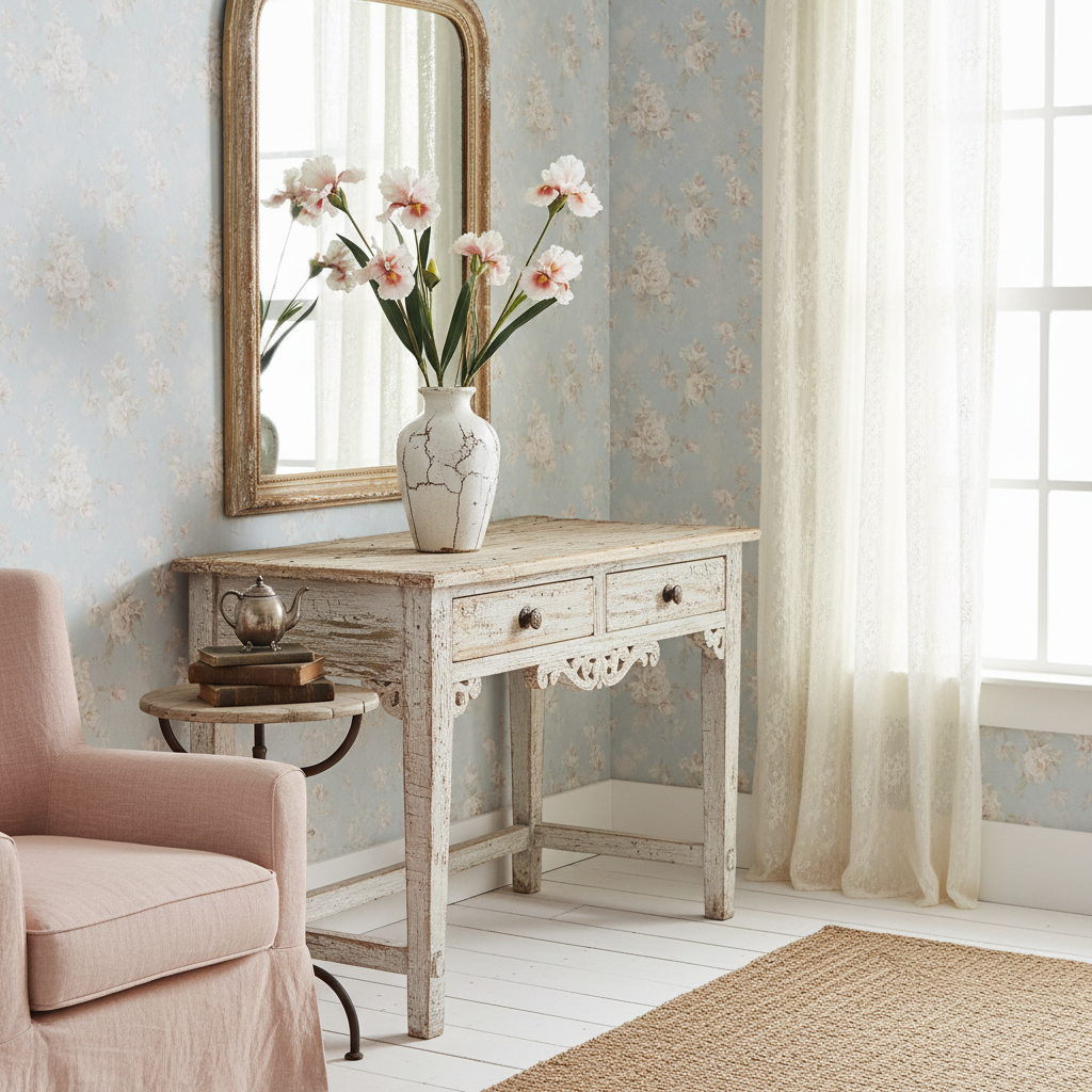 Artificial white and pink iris in distressed white vase, shabby chic French country cottage home decor, proportional medium-height stems with tiny blooms