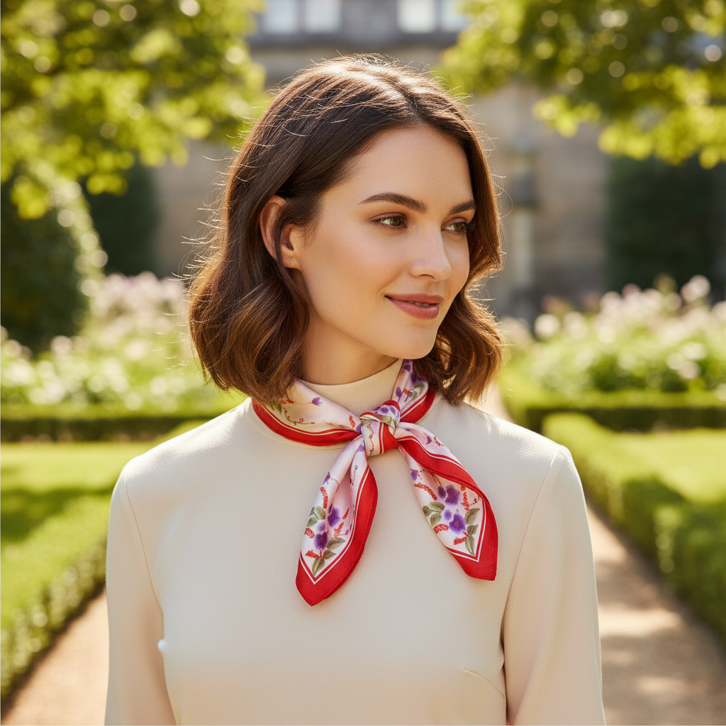 Woman wearing red pink floral satin scarf as compact square neck accessory