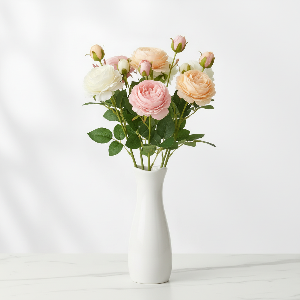 Large lush artificial rose arrangement with white pink and peach roses in tall white ceramic vase on marble surface