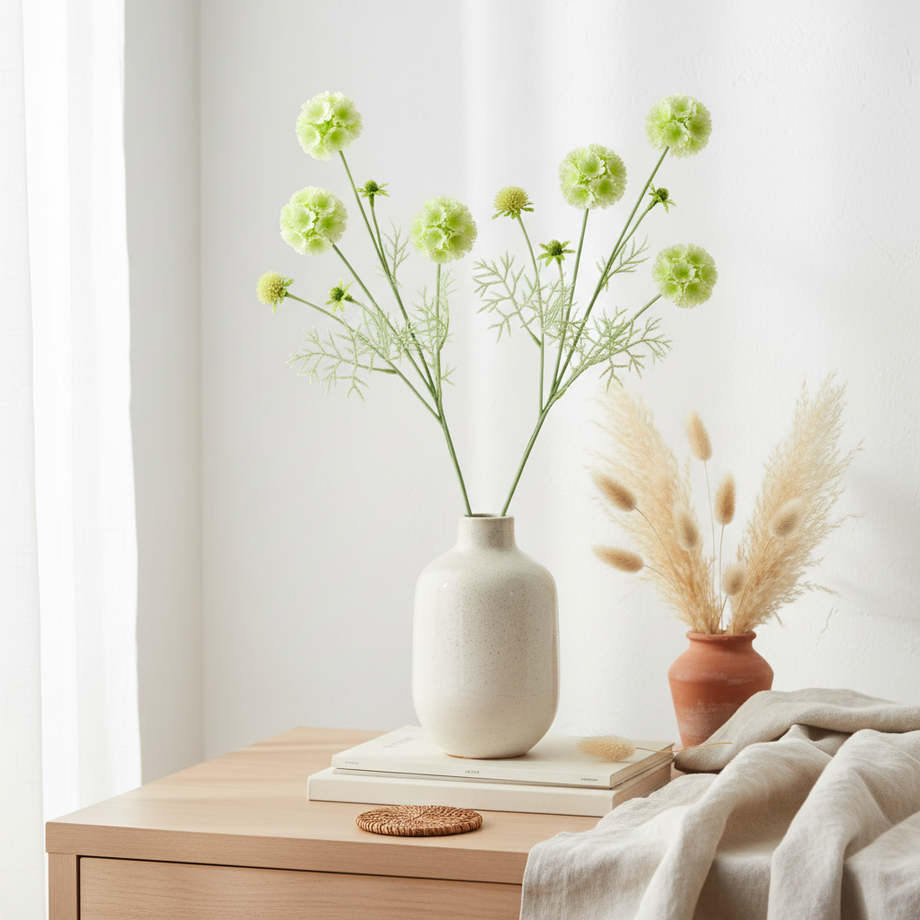 Artificial green white scabiosa stems in a neutral cream ceramic vase with boho styling, linen, and dried pampas grass on a light wood surface