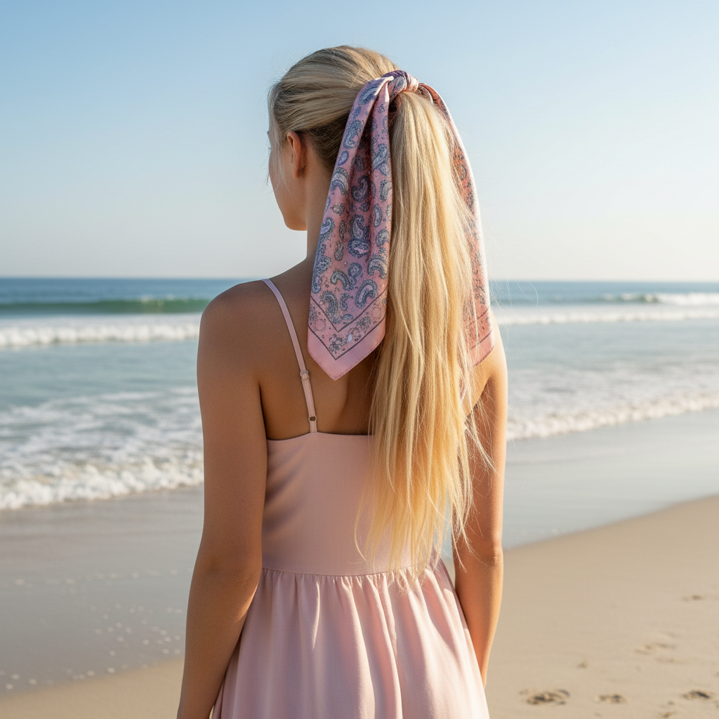 Woman with long blonde hair on a sunny beach in a light pink dress wearing a dusty pink and gray blue paisley satin square scarf tied at her ponytail with ends flowing halfway down her hair