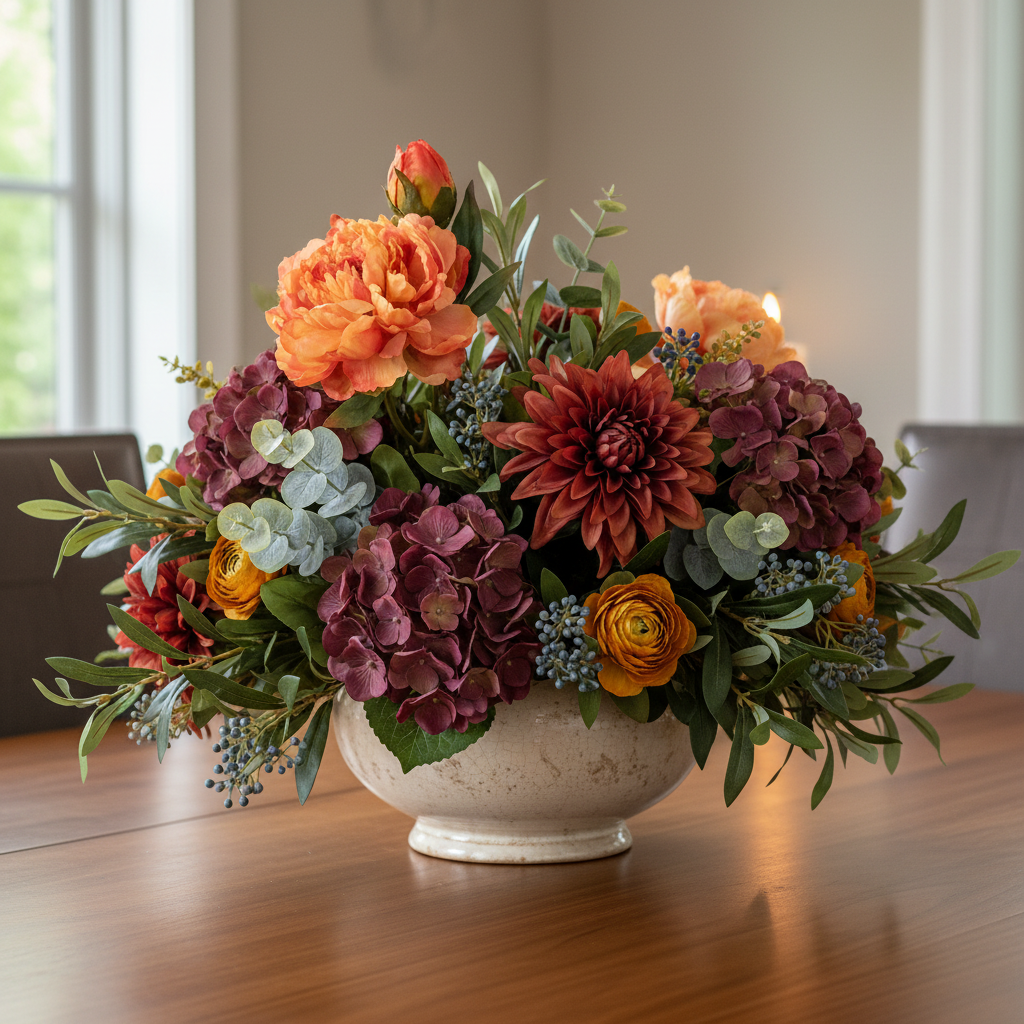 Peach coral faux peony stem arrangement in aged cream ceramic vase with plum hydrangea and mustard ranunculus on walnut dining table, autumn centerpiece with candlelight