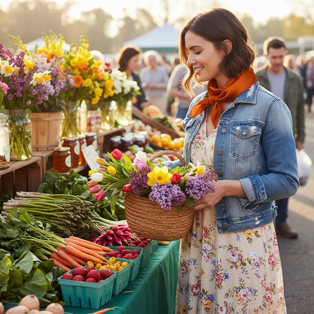 Woman at spring farmers market wearing burnt orange wild rag scarf with light dress and denim jacket