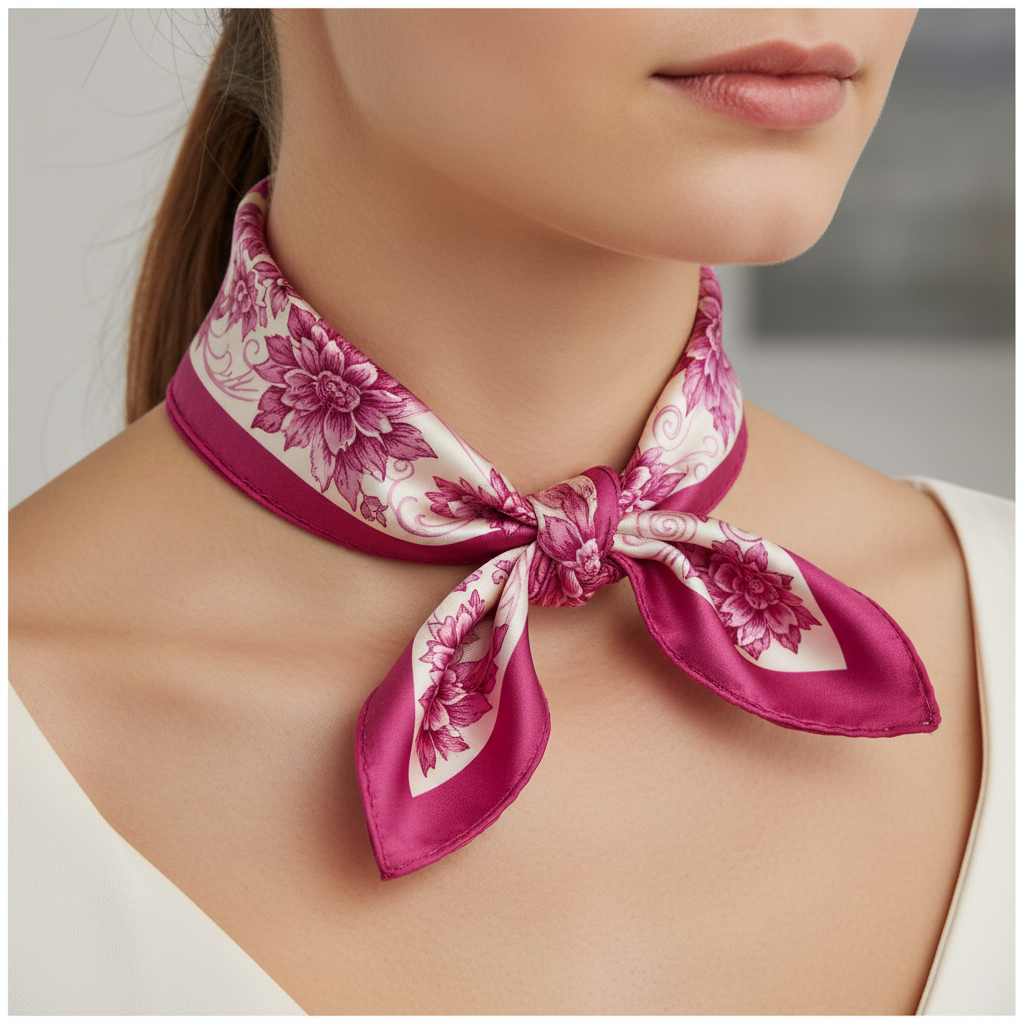 Close-up detail of magenta floral satin scarf tied in French knot showing smooth satin texture