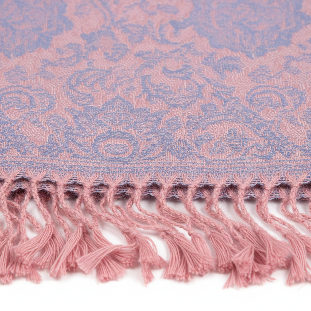 Close-up of dusty blue blush pink paisley jacquard woven fabric texture with pink fringe tassels detail