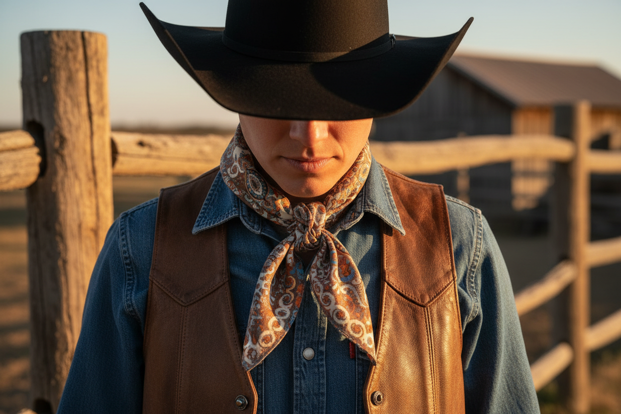 Cowboy wearing cream paisley wild rag scarf tied western style at ranch