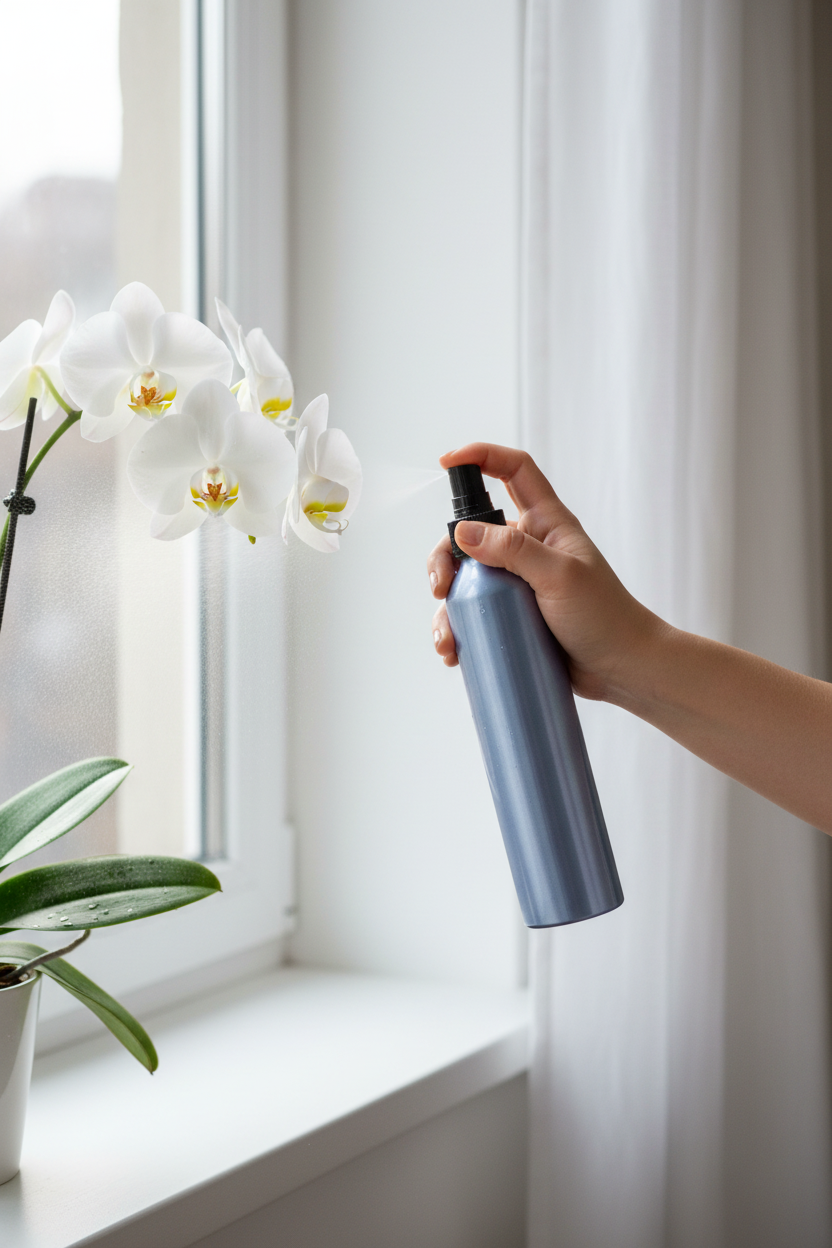 Metallic blue aluminum spray bottle misting white phalaenopsis orchid on bright windowsill, soft natural morning light