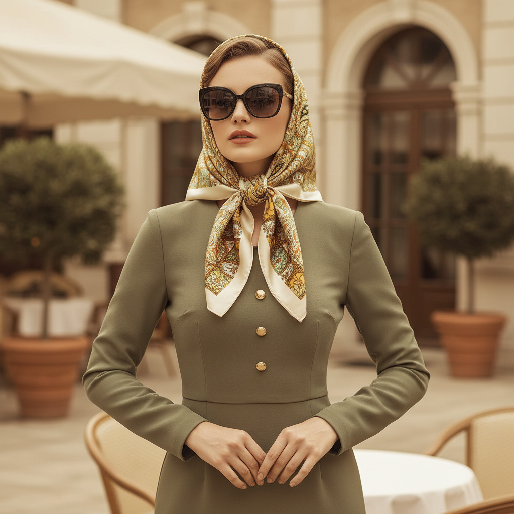 Woman wearing cream gold paisley square satin scarf as vintage head scarf tied under chin with sunglasses – vintage glamour style