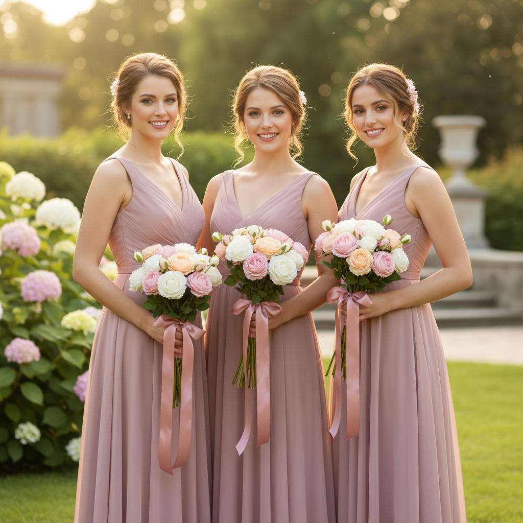 Three bridesmaids in dusty rose dresses each holding a wrapped white pink and peach artificial rose bouquet at outdoor wedding