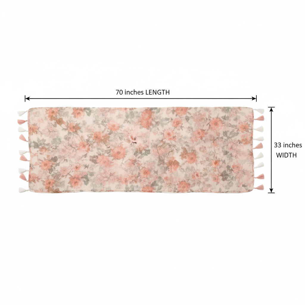 Floral tassel scarf measurement diagram showing 70 inch length and 33 inch width on white background