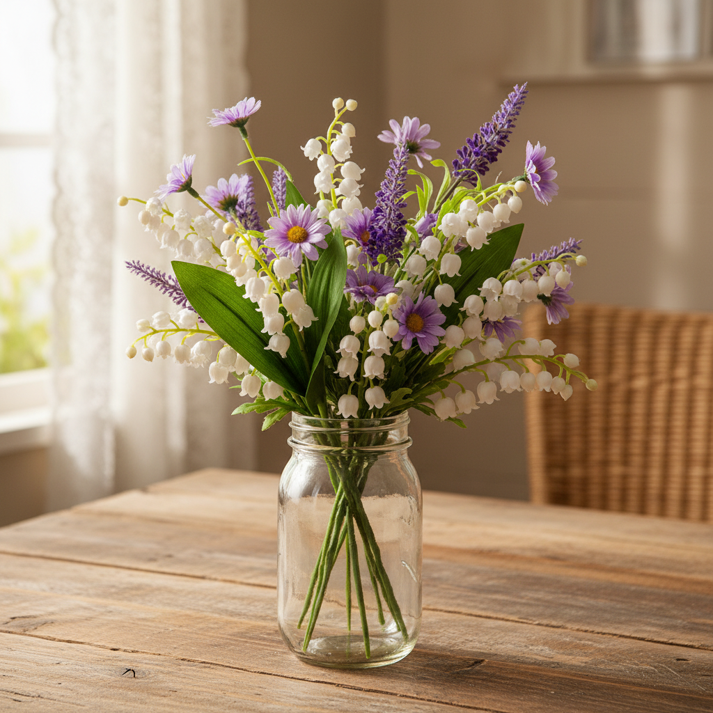 White lily of the valley mixed with lavender and purple wildflowers in rustic mason jar farmhouse decor