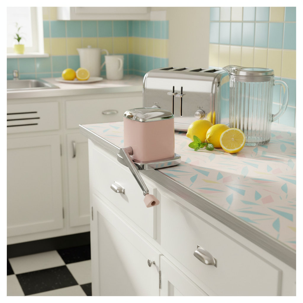 1950s pink chrome ice crusher mounted on vintage Formica kitchen counter with retro toaster and fresh lemons
