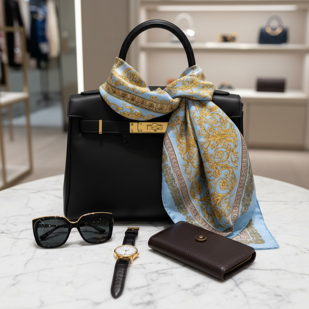 Baroque scarf draped over designer handbag with sunglasses watch luxury fashion accessories marble surface