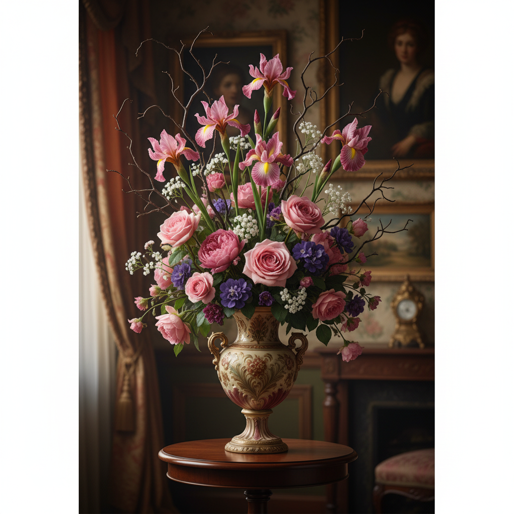 Victorian romantic floral arrangement featuring pink purple iris with pink roses, baby's breath, and natural branches in ornate vase, elegant styling
